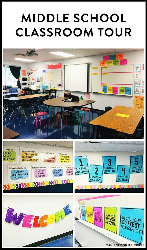 Great ideas and inspiration in this middle school classroom reveal - from decorating to small group areas to hanging posters and anchor charts. | maneuveringthemiddle.com