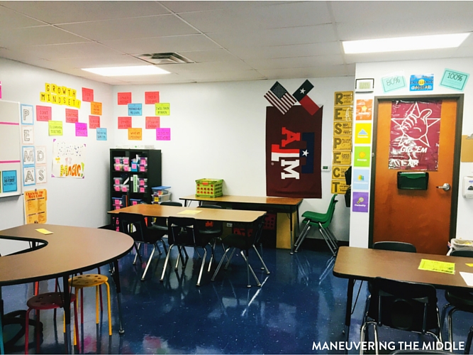 Great ideas and inspiration in this middle school classroom reveal - from decorating to small group areas to hanging posters and anchor charts. | maneuveringthemiddle.com