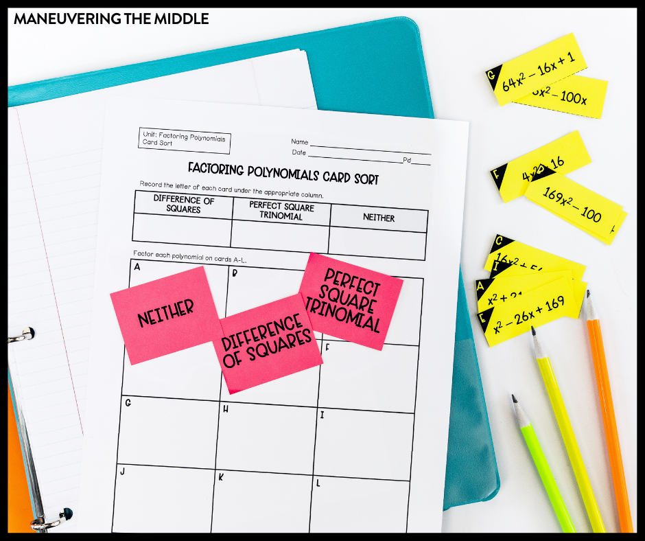 Factoring polynomials with special cases: difference of squares, perfect square trinomials, and a>1. Check out our tips for teaching! | maneuveringthemiddle.com