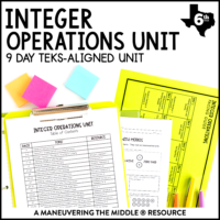 A 9-day Integer Operations Unit for 6th Grade TEKS includes adding, subtracting, multiplying, and dividing integers with and without models. | maneuveringthemiddle.com