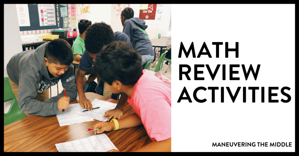 Math review games can breath life into your classroom and teaching. Most students enjoy getting out of their seats and going their work in another part of the class, whether that be with a group or individually. |maneuveringthemiddle.com