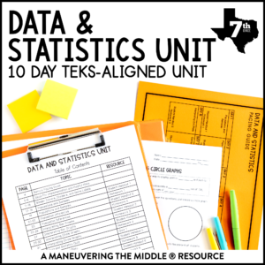 Data and Statistics Unit 7th Grade TEKS including population inferences, interpreting bar graphs & circle graphs, comparing dot plots & box plots. | maneuveringthemiddle.com