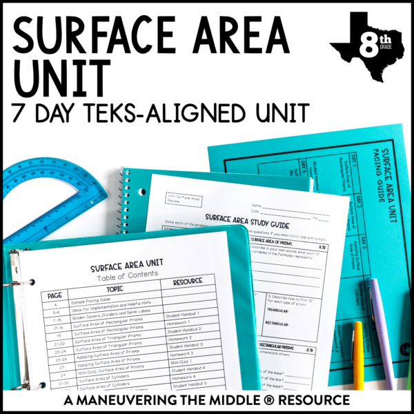 A 7-day TEKS-aligned Surface Area complete unit for 8th grade includes surface area of rectangular prisms, triangular prisms, cylinders and problem solving. | maneuveringthemiddle.com